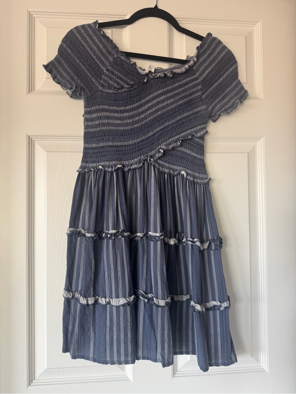 Womens Blue Striped Smocked Tiered Dress